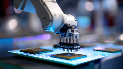 Fototapeta premium Advanced Robotic Arm Precisely Places Microchip Components onto a Printed Circuit Board for High-Tech Electronics Manufacturing Process