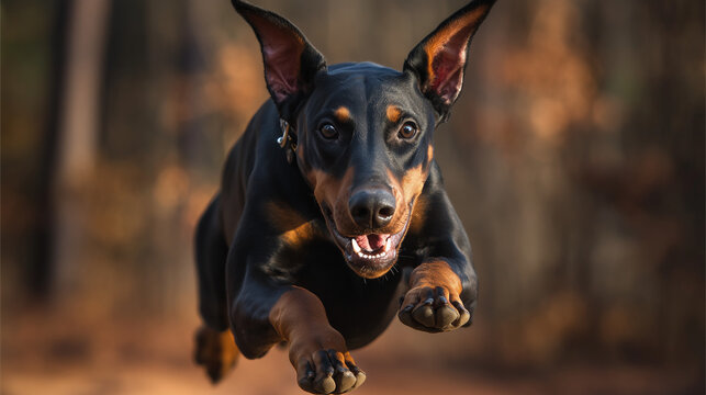 Doberman Pinscher jumping happily in a forest background