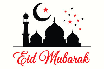 Eid Mubarak celebration vector illustration featuring stylized mosque silhouette with crescent moon, stars, and elegant cursive text on clean white background