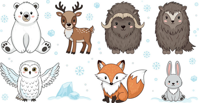 Cute winter forest animals character set with polar bear deer fox owl rabbit musk ox snow vector illustration