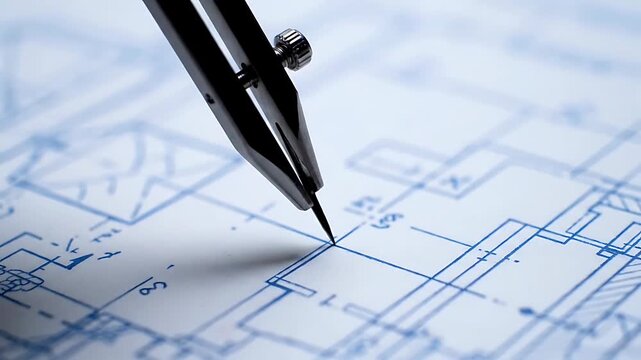 Chrome Drafting Compass on Detailed Architectural Blueprints