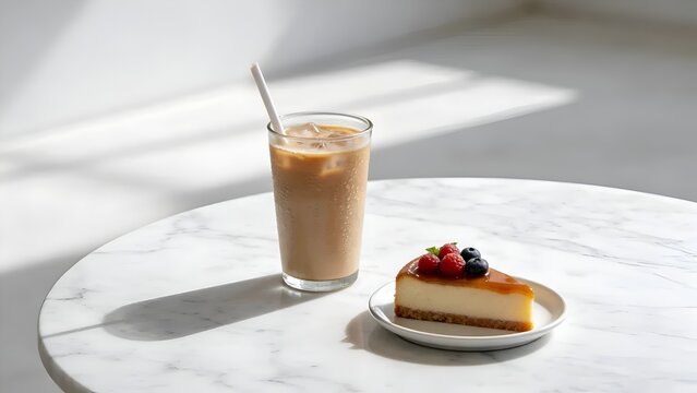 Iced coffee and cake on a white marble table, stylish cafe scene 