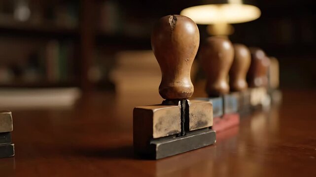 Curated Vintage Wooden Rubber Stamp Collection on Polished Office Desk