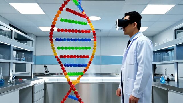 A scientist wearing a virtual reality headset observing a colorful DNA helix in a modern laboratory with glassware and lab equipment