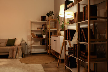 Interior of stylish living room with cabinet, grey sofa, glowing lamp and bookshelves at evening © Pixel-Shot
