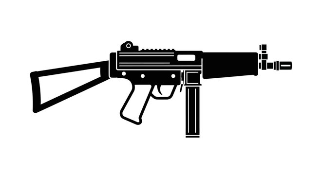 Submachine Gun Icon Black Silhouette on White Background, Weapon Vector Art