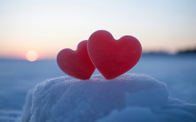 Fototapeta premium Two red hearts sit on snowy ground at sunset