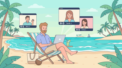 Fototapeta premium 2d vector illustration: man working remotely from a tropical beach with an online hybrid meeting.