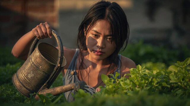 Leaning over planter, Asian woman steadying watering can, pouring water to tend plants in tank top