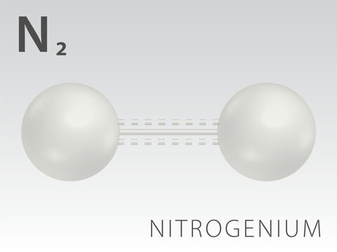 Nitrogenium N2 molecule model and chemical formula.  Gas. Three dimentional model, Illustration on white background. EPS10.