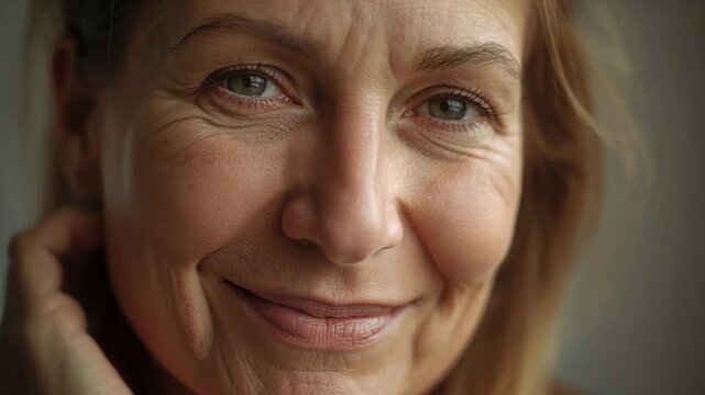 Smiling woman shifting gaze, raising right hand to tuck hair at ear in soft-lit room, earring