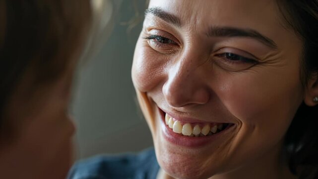 Smiling woman leaning to child at home, responding to child's hand, wearing blue top, stud earring