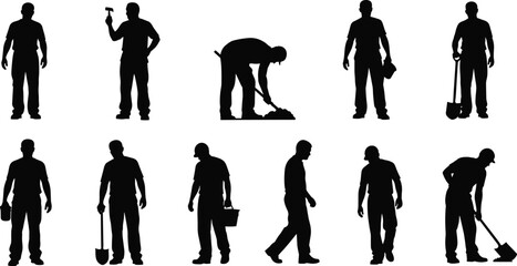 Construction worker silhouette set with tools, men digging with shovel holding hammer, manual labor poses collection for building maintenance and industrial work activity concepts © MDSAIDUL