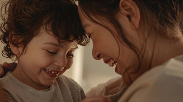 Mother holding child initiating play, smiling and laughing at home with light tops and ring visible