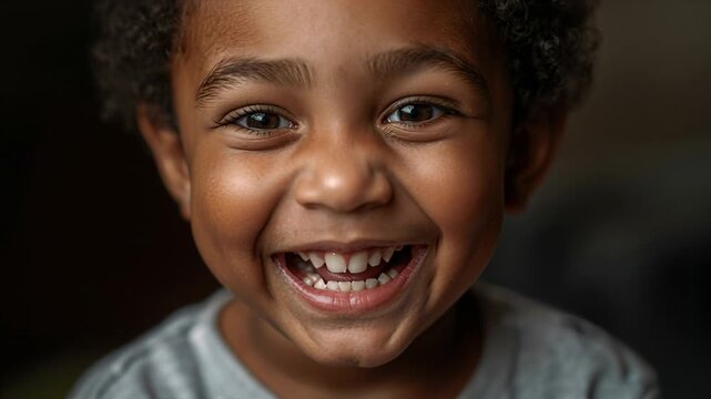 Smiling child shifting into open laugh at home, reacting to offscreen cue in light gray T-shirt