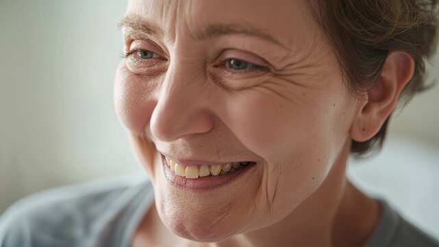 Smiling woman wearing light-gray top with short hair shifting into warm laugh at home, soft light
