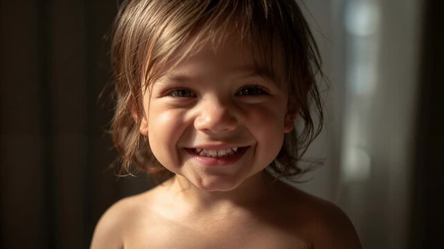 Smiling shirtless preschooler holding gaze, widening grin after camera starts near window curtain