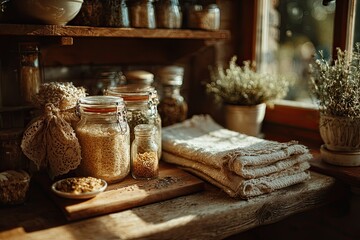 Cozy rustic kitchen interior with wooden shelves and jars