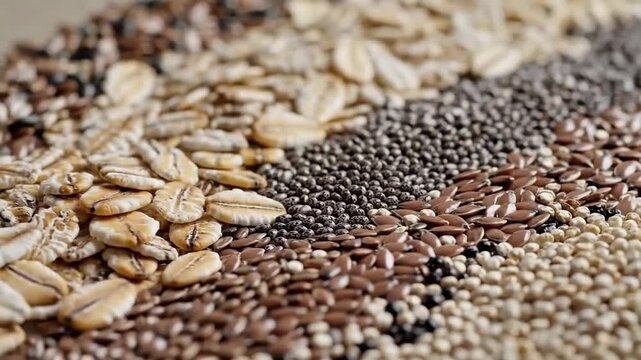 Macro 4K background of healthy grains and seeds arranged in patterns: quinoa, chia seeds, oats and flax seeds, neutral background, nutrition concept.