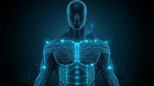 Intensifying light, male hologram pulsing cyan nodal lights across shoulders streaming right signal