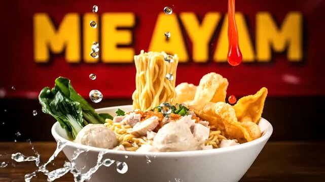 Delicious Mie Ayam Noodle Soup Being Prepared with Meatballs and Greens.