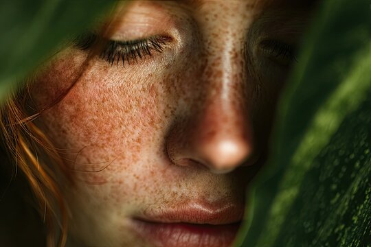 Close up portrait of freckled redhead girl with natural beauty