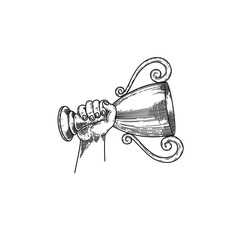 hand drawn hand lifting trophy cup line art vector illustration