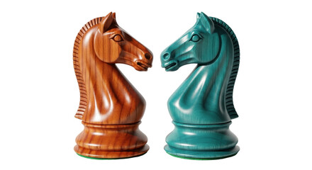 Two wooden chess knights, brown and teal, isolated PNG, facing each other, handcrafted game pieces for strategy and competition © Maria