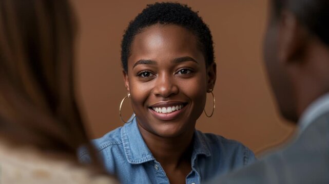 Smiling woman in denim shirt hoop earrings reacting to camera glance laughing gesturing in meeting