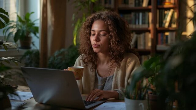 Reaching for patterned mug, woman sipping while typing in home study, needing focus at laptop