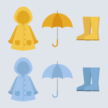 비 오는 날 필수 아이템 아이콘 세트 (우비, 우산, 장화 일러스트)
