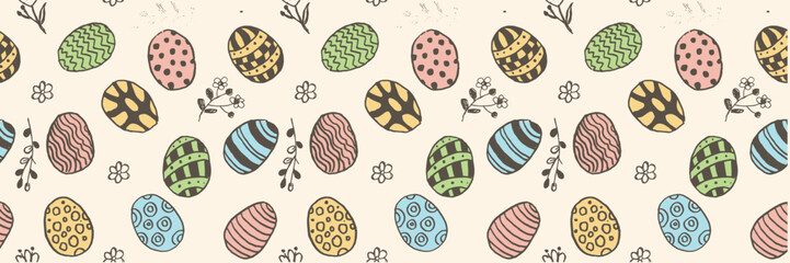 Seamless pattern with cute hand drawn easter eggs and spring flowers. A template for a banner with spring holiday greetings. Perfect for wrapping, and spring. © Natali