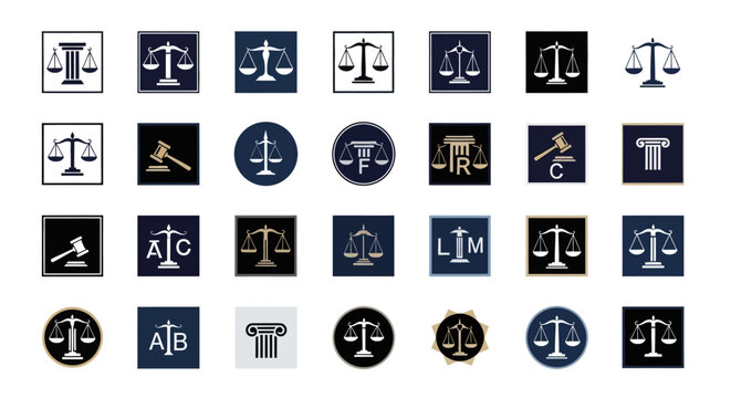 Law Scales Icons Collection: Justice, Legal, Law Firm, Court, Gavel, Pillar, Alphabet Logos