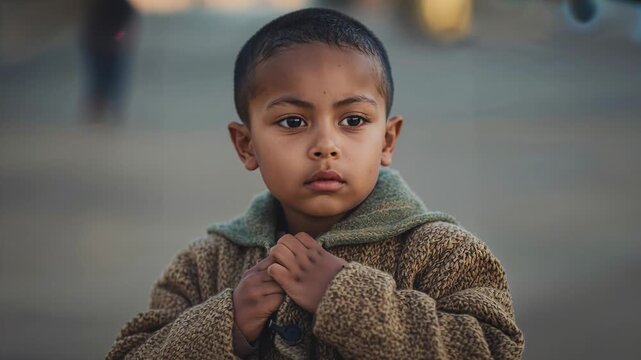 Noticing passerby, child shifting gaze right while fastening coat button with green hood, outdoors
