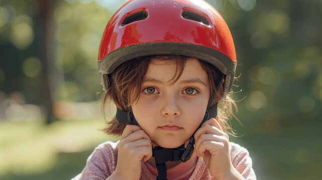 Vertical video: Child holding strap near chin, adjusting red helmet and buckling to secure safety