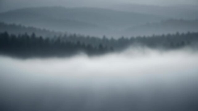 The video captures a serene landscape scene of a foggy, layered forested area. The main subject appears to be the rolling mist that cloaks the treetops, creating a sense of depth and tranquility
