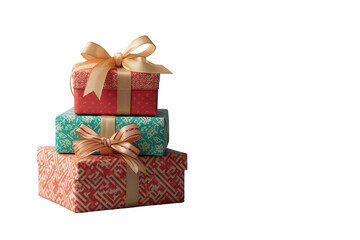 Obraz premium Stack of colorful gift boxes with ribbons, symbolizing holidays, giving, celebration and happiness, transparent background