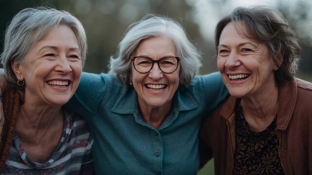 Vertical video: Three senior women linking arms, exchanging glances and laughing for health