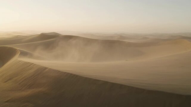 The series of images depicts a vast desert landscape characterized by rolling sand dunes under a pale sky