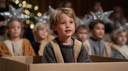 Naklejka premium Children's Christmas pageant in church fellowship hall, cardboard stable and tinfoil stars, parents filming on phones, kid angels with crooked halos, perfect for holiday tradition and contemporary