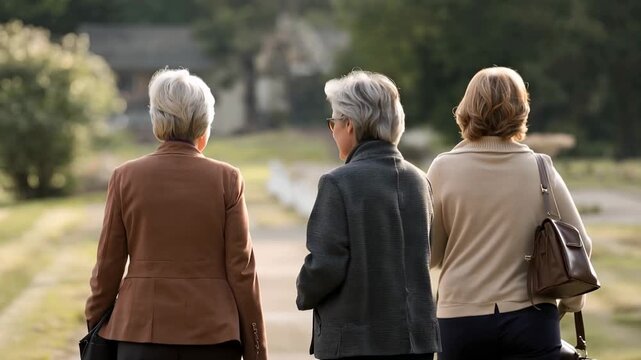 Vertical video: Three senior women walking path center woman glancing starting health chart above