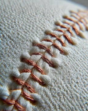 Close Up Of Baseball Stitching On White Textured Surface With Copper Thread Macro Detail