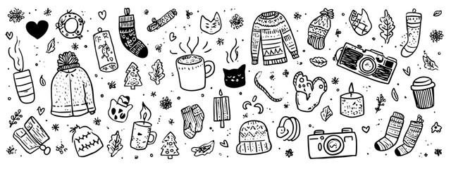 Fototapeta premium Charming Hand-Drawn Winter Themed Illustration Featuring Cats, Sweaters, and Festive Elements