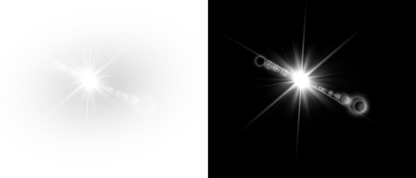 Yellow star flashed with sparkles sun isolated on white background. Soft glow without departing rays, sunlight with lens flare effect. PNG vector light effect.