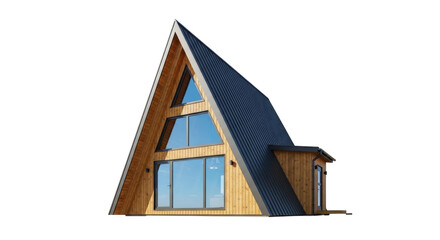 Modern A-frame cabin isolated PNG on transparent background, contemporary architecture with wooden facade and dark metal roof for design projects © Maria
