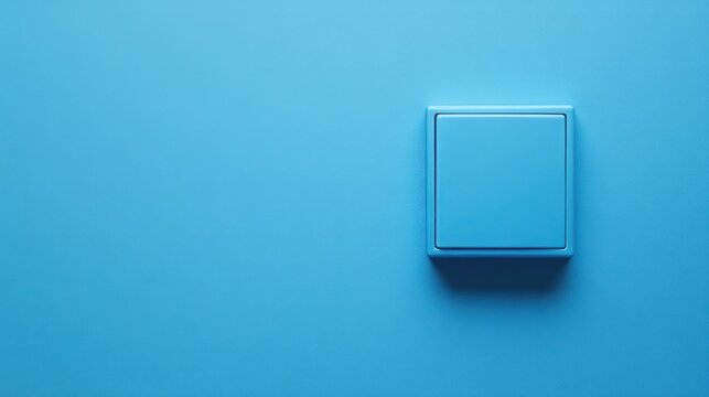 A minimalist image of a square light switch protruding from a smooth, monochromatic blue wall