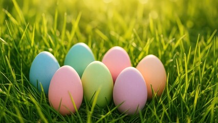 Fototapeta premium Colorful eggs on green grass
