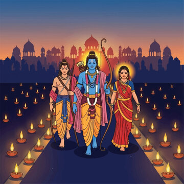 Hindu Gods Rama Sita Lakshmana Walking.