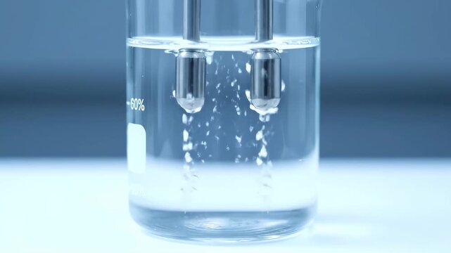 Close-up of laboratory beaker with bubbling water and electrodes  