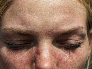 Naklejka premium Eczema and irritated skin texture visible in close up of woman face with closed eyes showing redness and pores on forehead and nose area
